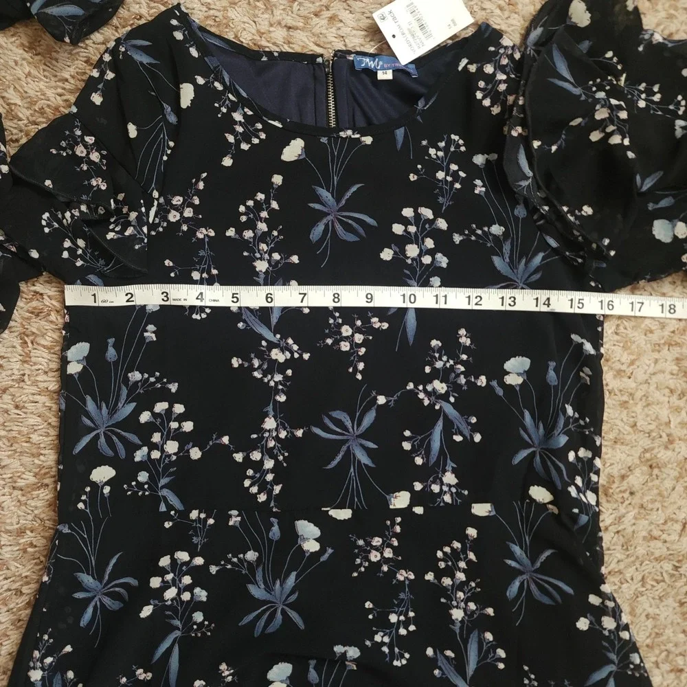 Truly Me Floral Chiffon Dress Girls 14 Navy Blue Ruffle Tiered Sleeve NWT